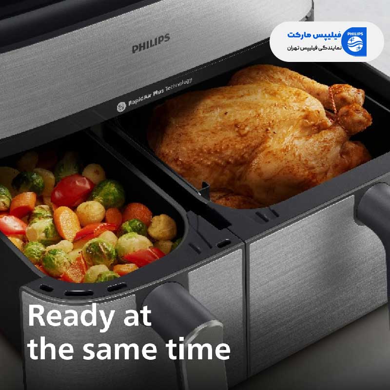 تهیه مرغ شکم پر با سرخ کن 9 لیتری فیلیپس دوقلو مدل NA555/09